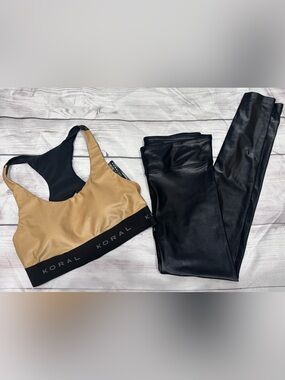 Koral Black Shiny Leggings and Gold/Tan Sports Bra Set